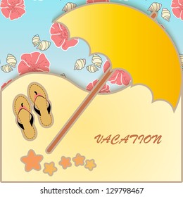 Flip-flops and shells on the beach. Vector illustration.