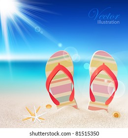 Flip-flops and shells on the beach. Vector illustration.