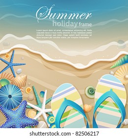 Flip-flops and shells on the beach. Vector illustration.