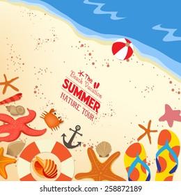 Flip-flops and shells on sand background