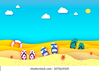 Flipflops shoe in paper cut style. Origami sea and beach with lifebuoy. Sport ball game. Vacation and travel concept.