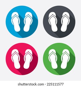 Flip-flops sign icon. Beach shoes. Sand sandals. Circle buttons with long shadow. 4 icons set. Vector