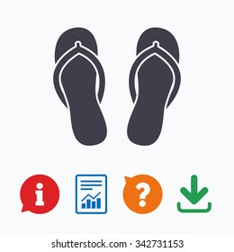 Flip-flops sign icon. Beach shoes. Sand sandals. Information think bubble, question mark, download and report.