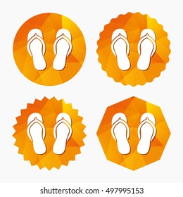 Flip-flops sign icon. Beach shoes. Sand sandals. Triangular low poly buttons with flat icon. Vector