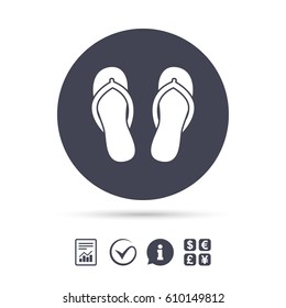 Flip-flops sign icon. Beach shoes. Sand sandals. Report document, information and check tick icons. Currency exchange. Vector