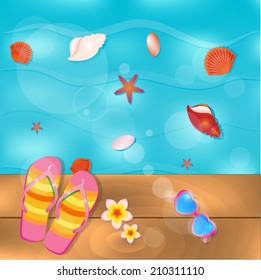 Flip-flops and sunglasses near water on wooden deck