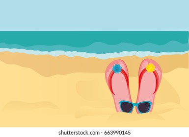Flip-flops and sunglasses on the sandy shore of the ocean. Vector. Empty space for text or advertising.