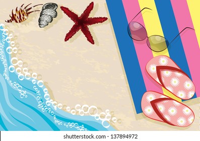 Flip-flops, sunglasses, towel and shells on the beach