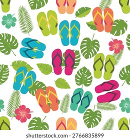 Flipflops and tropical foliage create a vibrant seamless pattern perfect for summer vacation themed designs and seasonal retail backdrops