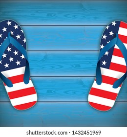 Flip-flops in US national colors on the blue wooden background.  Eps 10 vector file.