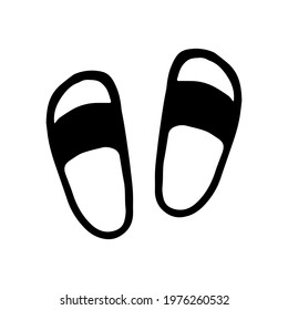 Flip-flops vector icon in doodle style. Black slippers isolated on white background. Footwear for summer.