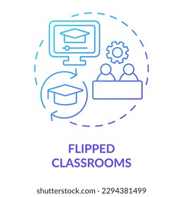 Das Symbol für das blaue Farbverlauf-Konzept in den Klassenzimmern ist umkippt. E Lernmodell. Erzieherische Anwendung von IKT abstrakte Idee dünne Linie Illustration. Einzeln Umrisszeichnung. Myriad Pro-Fett-Schriftart verwendet