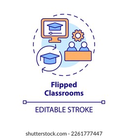 Flipped classrooms concept icon. E learning model. Educational application of ICT abstract idea thin line illustration. Isolated outline drawing. Editable stroke. Arial, Myriad Pro-Bold fonts used