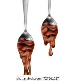A flipped over (turned, reversed) silver spoon with dripping melting chocolate (cocoa) flow. Vector illustration