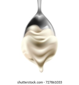 A flipped over (turned, reversed) silver spoon with dripping cream, yogurt, sour milk or mayonnaise. Vector illustration