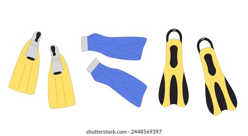 Flipper set isolated on white background. Pair of diving fins collection. Line art flat vector illustration.