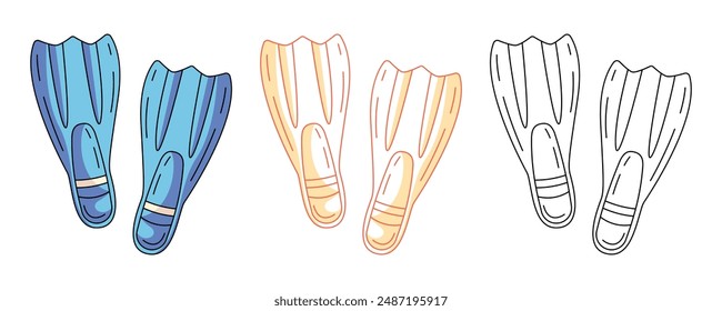 Flippers, colorful and line icons set. Scuba diving equipment, underwater, marine, sea concept. Vector outline icon, monochrome and color illustration. For logo, sticker, coloring book, label