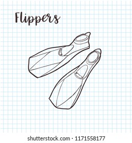 Flippers. diving equipment. Doodle style vector illustration