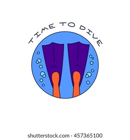 flippers, diving into the sea, vector graphic art shape, retro vintage style badge design logo, illustration isolated on white background.