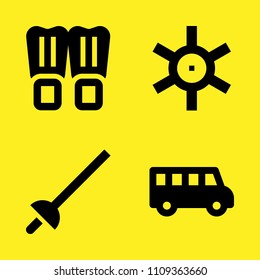 flippers, fencing, helm and school bus vector icon set. Sample icons set for web and graphic design