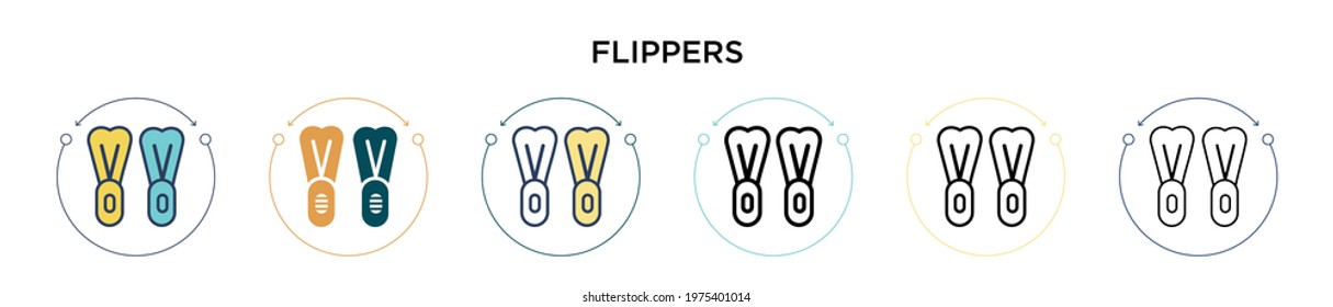 Flippers icon in filled, thin line, outline and stroke style. Vector illustration of two colored and black flippers vector icons designs can be used for mobile, ui, web