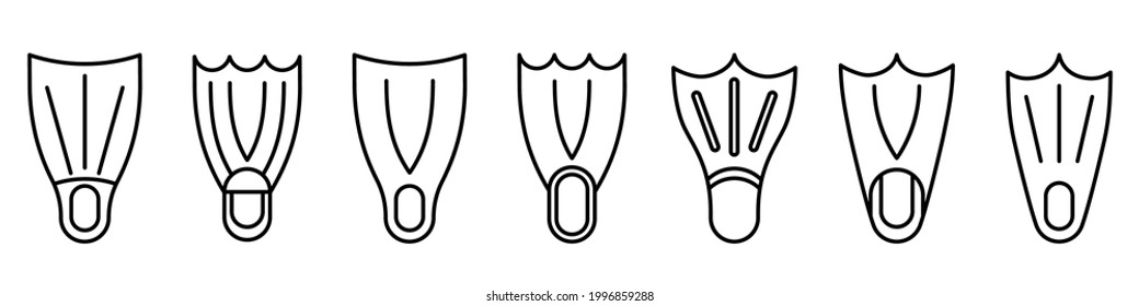 Flippers icon. Set of linear flippers icons. Vector illustration. Flippers vector icons. Black linear flippers icons