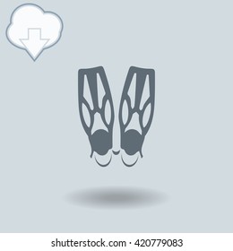 Flippers icon with shadow. Cloud of download with arrow.