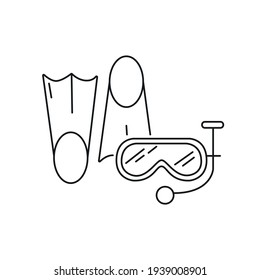 Flippers with a mask for diving linear icon. Summer concept. Thin line customizable illustration. Contour symbol. Vector isolated outline drawing. Editable stroke