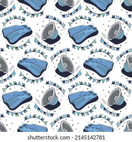 Flippers and Speaker. Seamless pattern on a white background. Cute vector illustration.