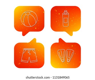 Flippers, swimming ball and trunks icons. Shampoo bottle linear sign. Orange Speech bubbles with icons set. Soft color gradient chat symbols. Vector