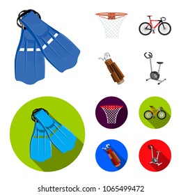 Flippers for swimming, basketball basket, net, racing holograph, golf bag. Sport set collection icons in cartoon,flat ,flat style vector symbol stock illustration web.