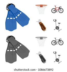 Flippers for swimming, basketball basket, net, racing holograph, golf bag. Sport set collection icons in cartoon,monochrome ,flat style vector symbol stock illustration web.