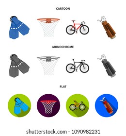 Flippers for swimming, basketball basket, net, racing holograph, golf bag. Sport set collection icons in cartoon,flat,monochrome style vector symbol stock illustration web.