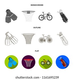 Flippers for swimming, basketball basket, net, racing holograph, golf bag. Sport set collection icons in flat,outline,monochrome style vector symbol stock illustration web.