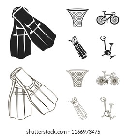 Flippers for swimming, basketball basket, net, racing holograph, golf bag. Sport set collection icons in black,outline style vector symbol stock illustration web.