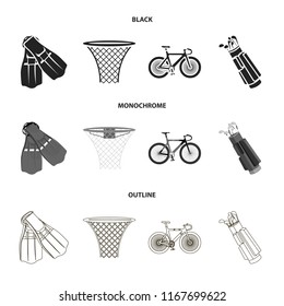 Flippers for swimming, basketball basket, net, racing holograph, golf bag. Sport set collection icons in black,monochrome,outline style vector symbol stock illustration web.