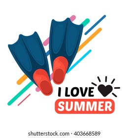 Flippers and text. Vacation travel background. Easy to edit design template.