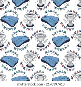 Flippers and Trophy cup. Seamless pattern on a white background. Cute vector illustration.
