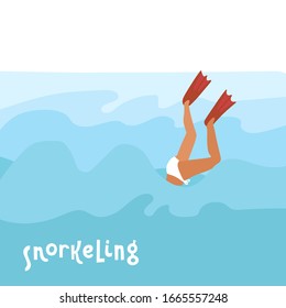 Flippers up! - Colorful cartoon flat vector style art with a diving woman in flippers and lettering quote Snorkeling. Sea snorkel. Flat hand drawn vector illustration