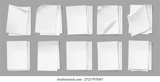 Efeito de livro invertido, páginas enroladas ou bordas dobradas de blocos de anotações vazios ou documentos em branco. Coleção realista de vetores de cantos curvos de materiais escritos. Peça dobrada de folha ou conjunto de brochuras