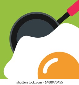 Flipping Or Flip Fried Egg Top View Art Cartoon Vector On A Frying Pan. Focus, Macro & Close Up On Omelette Flat Design. Breakfast, Lunch Or Dinner Culinary. Omelet Preparation & Cooking Oriental Food