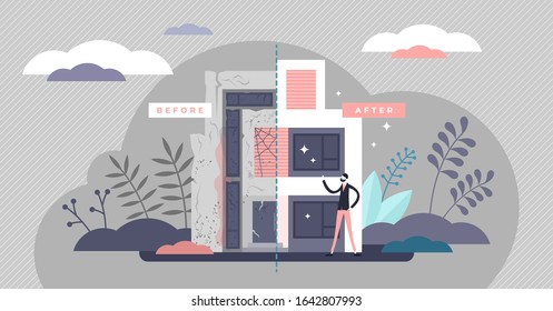 Flipping houses concept, flat tiny person vector illustration. Renovating apartment or dwelling house buildings. Housing industry investment strategy. Before and after reconstruction work example view