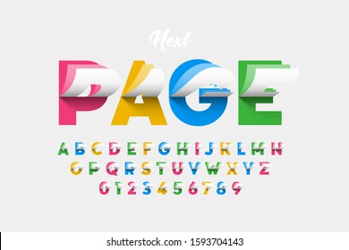 Flipping pages style colorful font, alphabet letters and numbers vector illustration