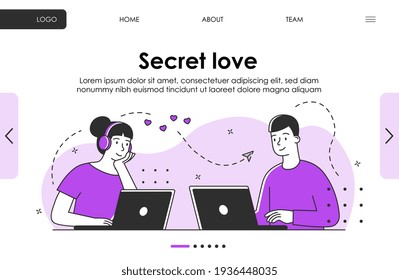 Flirt on dating site concept. Secret romantic relation between young people or teens. website, web page, landing page template. Flat cartoon abstract vector illustration. isolated on white background