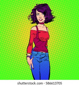 Flirtation. Young woman. Cute woman thinking about something. Cute pin-up girl. Woman portrait. Feelings. Concept idea of advertisement and promo. Pop art retro style illustration. Halftone background