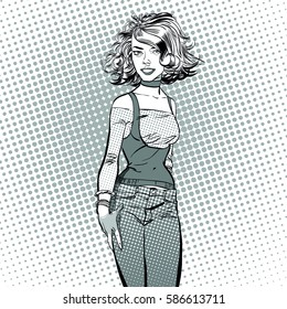 Flirtation. Young woman. Cute woman thinking about something. Cute pin-up girl. Woman portrait. Feelings. Concept idea of advertisement and promo. Pop art retro style illustration. Halftone background