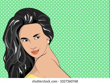 Flirtatious brunette closeup on the dots background. Advertising poster in pop art style. Pop art style. Vector illustration organized in layers and easy to edit.