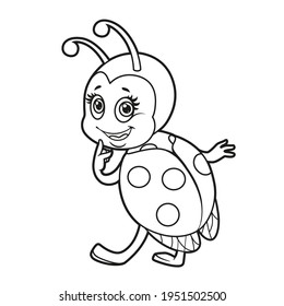 Flirtatious little ladybug looks over his shoulder while outline for coloring page isolated on white background