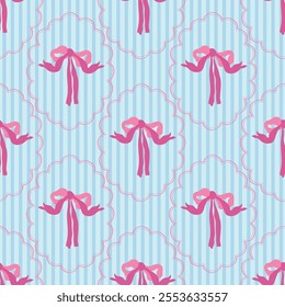 Flirtatious pattern with pink ribbon bows and blue stripes. Vector coquette hand drawn illustration. Trendy seamless pattern 