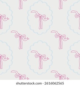 Flirtatious pattern with pink ribbon bows. Vector coquette hand drawn illustrations. Trendy seamless pattern for birthday, celebrations decor. Textile design. 